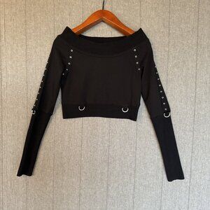 Kill Star She Shreds Black Cotton Off the Shoulder Long Sleeve Crop Top Size XS
